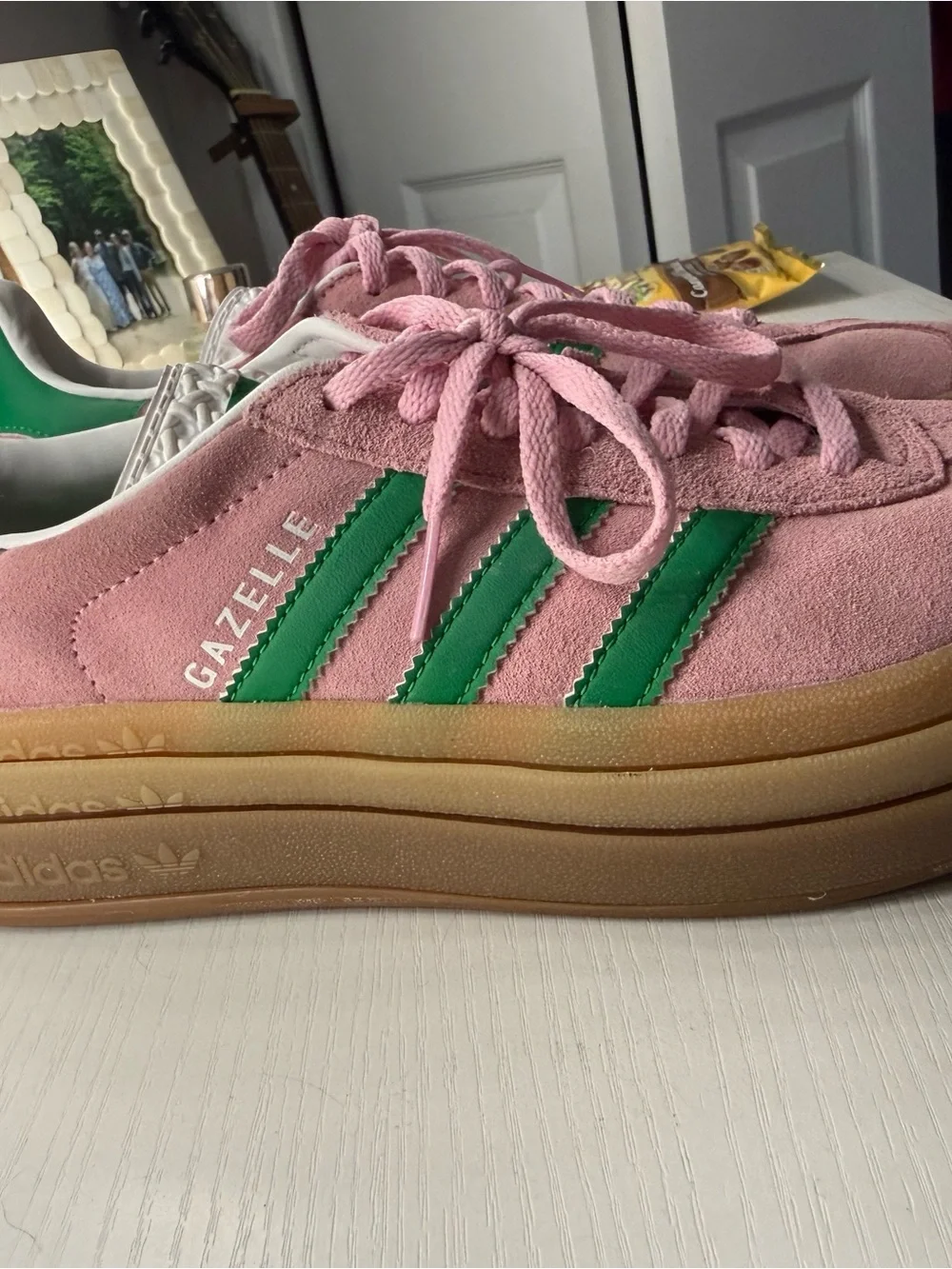 adidas Pink Suede Low-Top Sneakers with Green Stripes